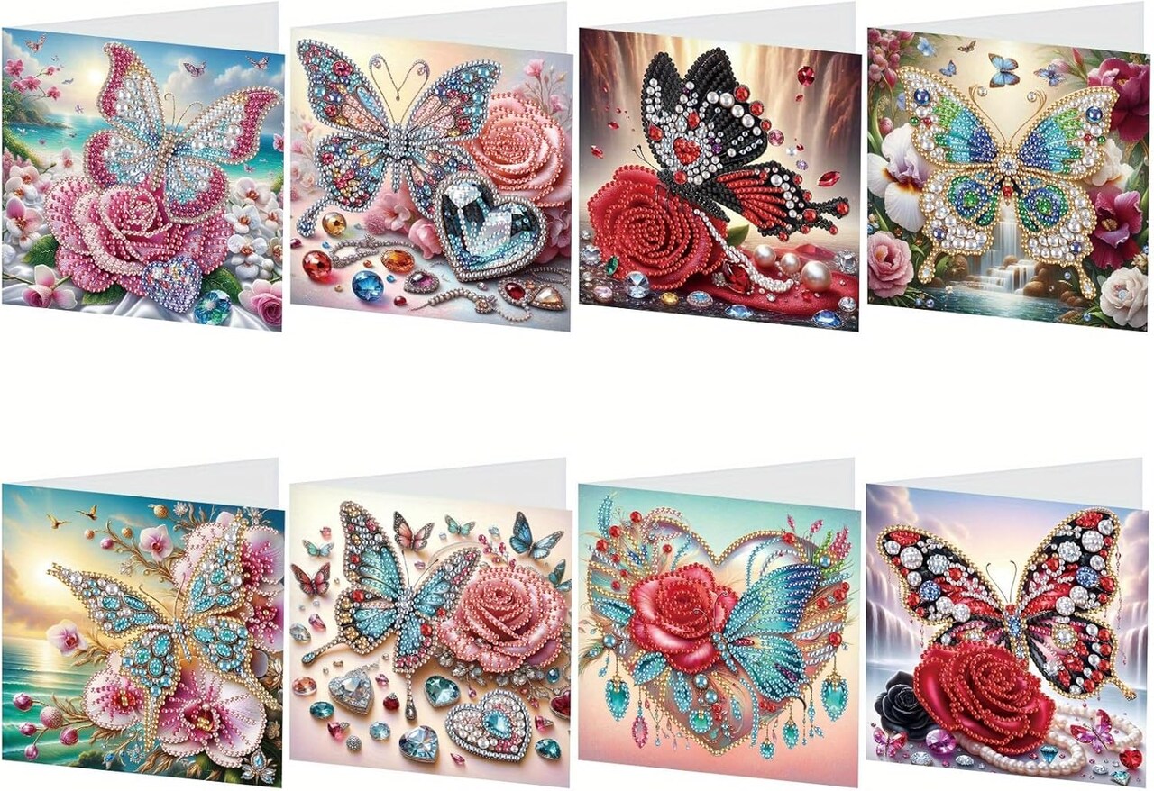 8 Pcs Flower Butterfly Diamond Art Painting Greeting Cards – 5D DIY Special Shape Diamond Painting Cards for Christmas, Birthday, Mother's Day, Father's Day, Teacher’s Day – Creative Handmade Gifts